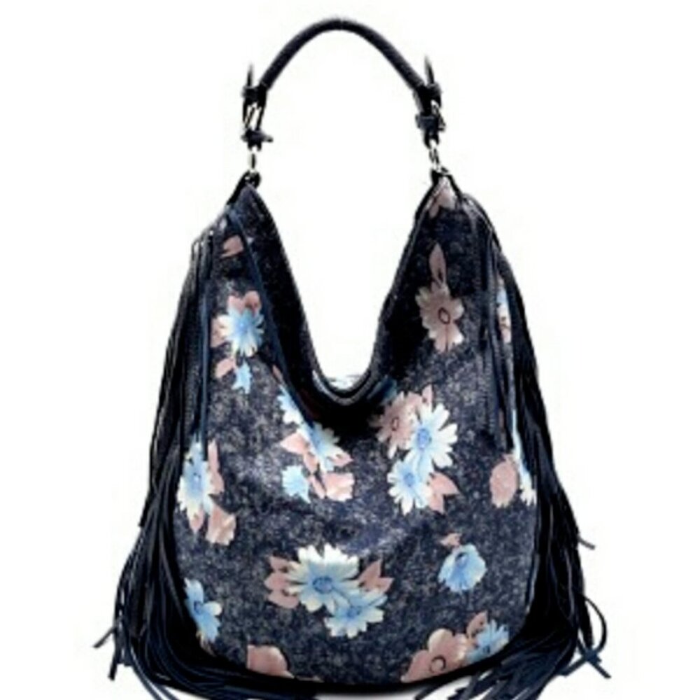 Handbag Republic Dark Denim Fringe Floral Shoulder Handbag